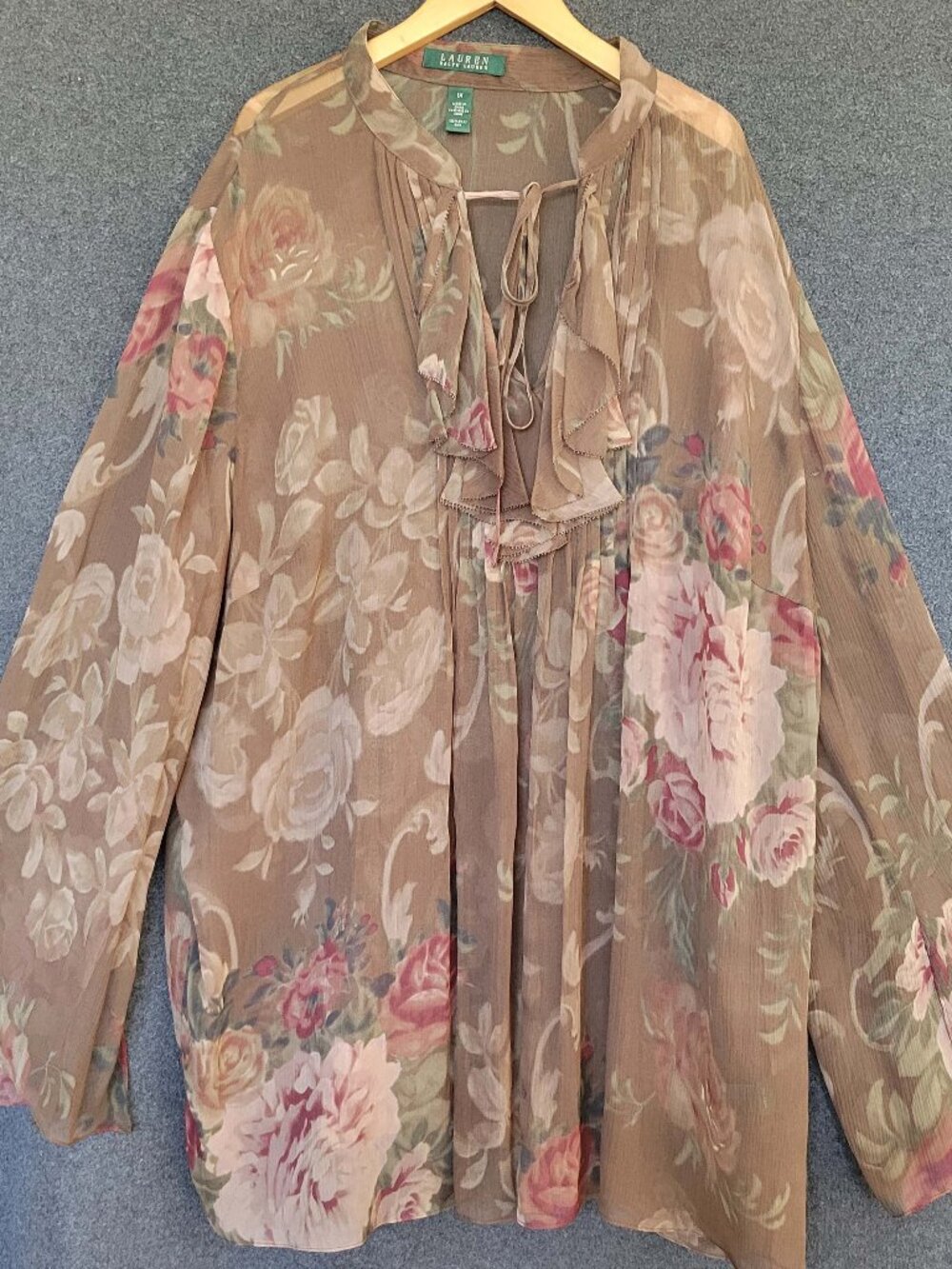 Lauren Ralph Lauren Silk Sheer Floral Blouse Tunic Ruffle Front Peasant Chic 1X